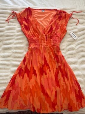 Old Navy Orange & Red Tie-Shoulder V-Neck Smocked-Waist Mini Dress